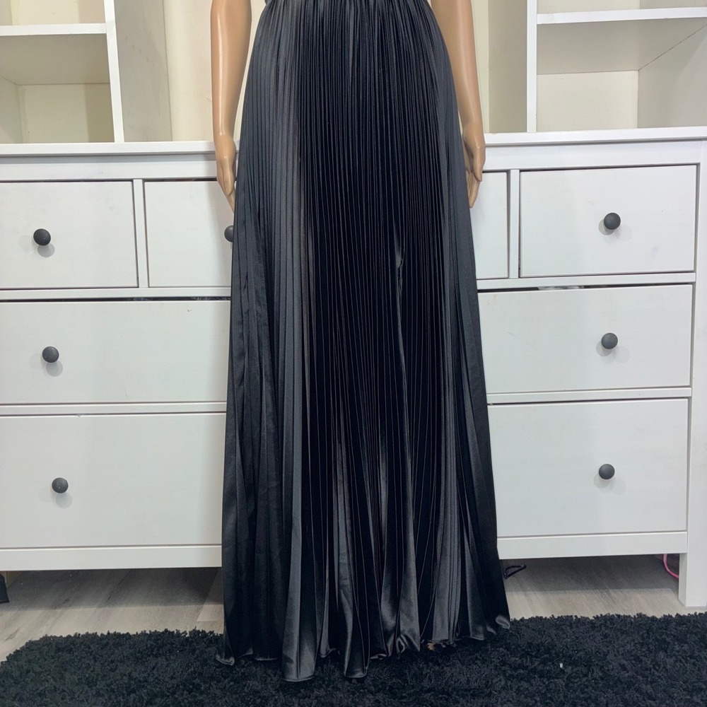 Black Satin Corset Gown Pleated Skirt Spaghetti Strap Lace Up Back Formal prom - Picture 5 of 9